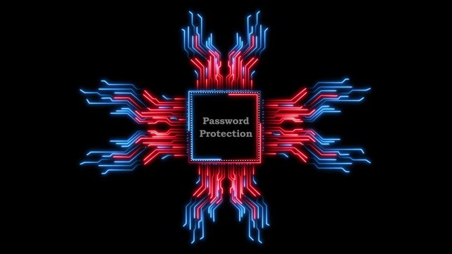 Abstract digital cpu chip with glowing red and blue circuits for password security.