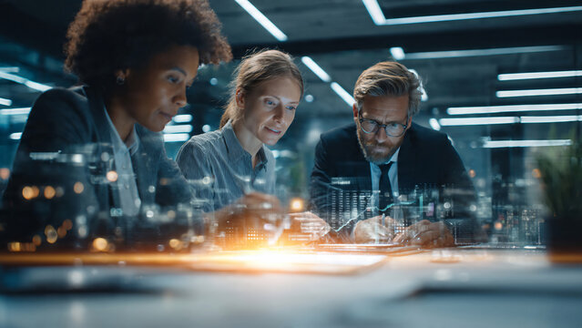 Diverse business professionals analyzing data on tablet, with cityscape overlay, suitable for corporate strategy, financial planning and technology innovation