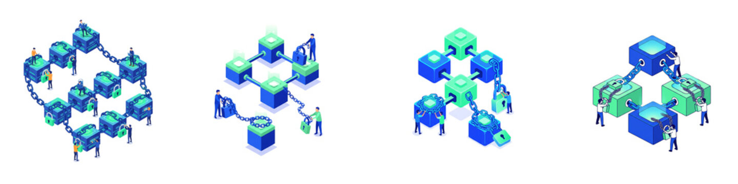 Isometric blockchain technology network with people connecting data blocks