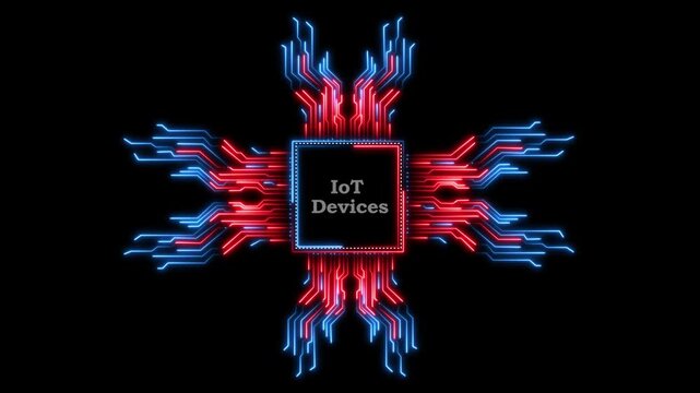 Digital microprocessor with blue and red circuitry lines glowing on black backdrop.