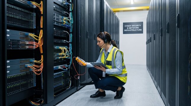Female IT technician inside data center room checking server network infrastructure with digital tablet and tester tool