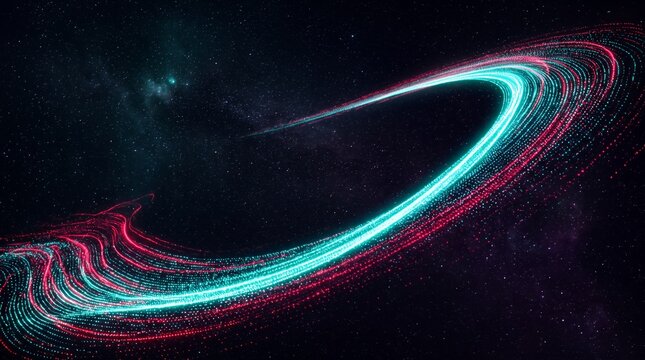 A dynamic swirling vortex of glowing blue and red particles forms an elliptical shape against a starry dark space background.