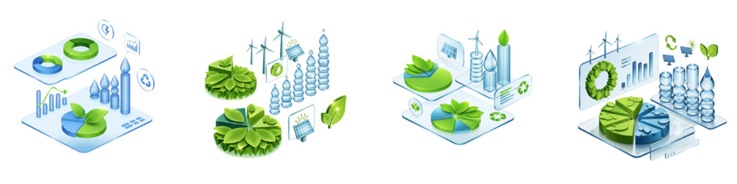 Isometric eco friendly data charts and green energy analysis icons set