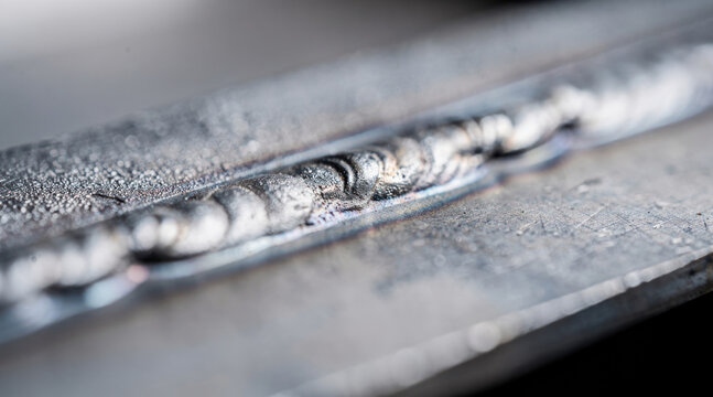Close up of a steel weld bead on two metal plates in a workshop