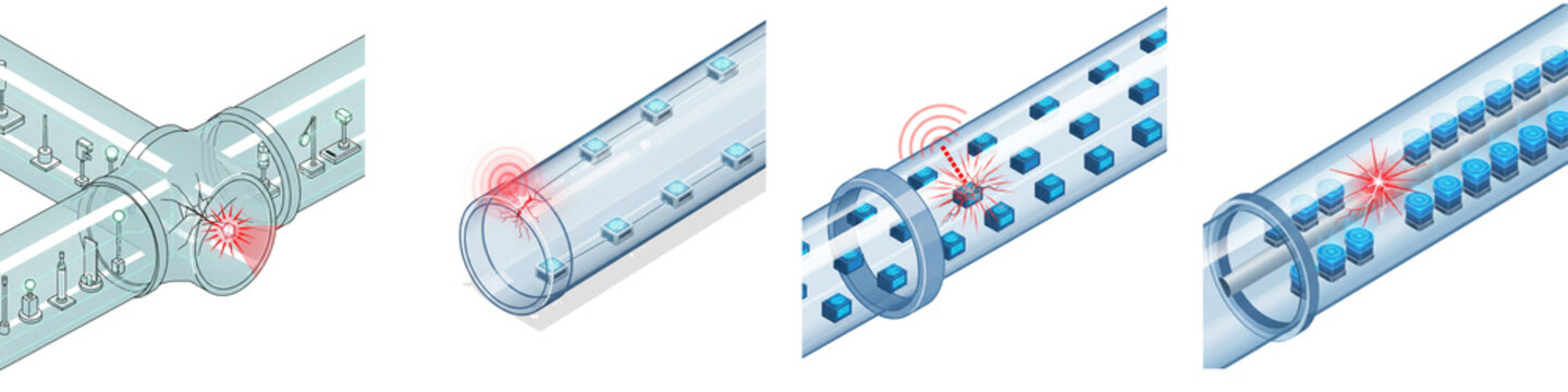 Isometric illustration of industrial pipe system defect detection sensors