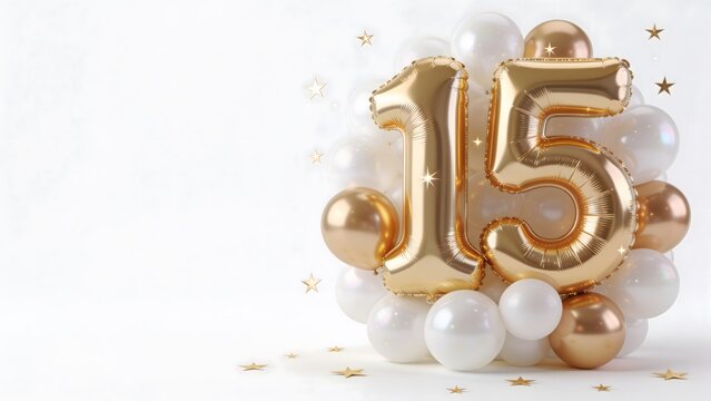 Golden Foil Number 15 Balloons for 15th Birthday Party or Corporate Anniversary Celebration Template with Copy Space and Gold Stars Isolated on White Background