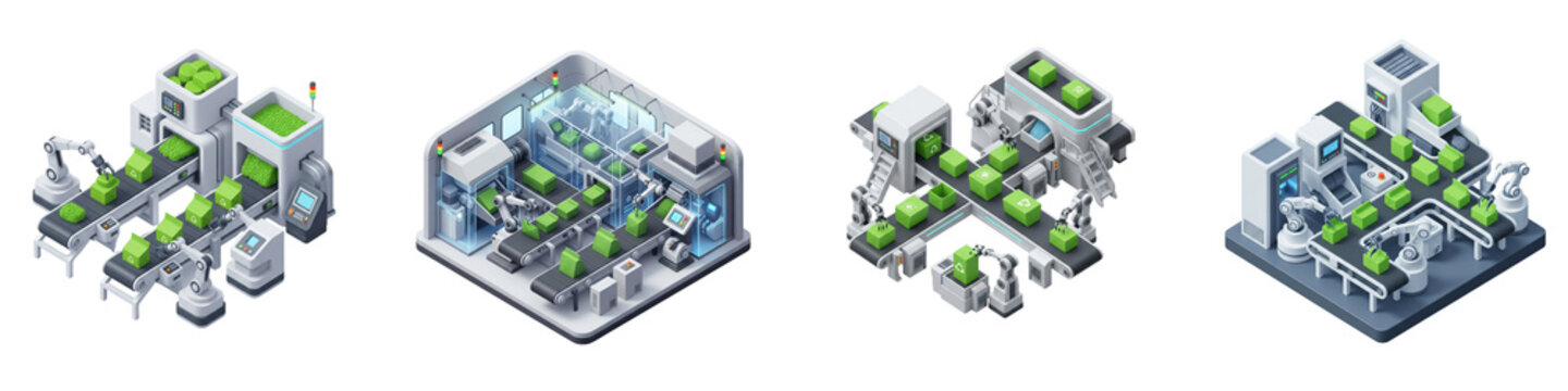 Isometric set of automated factory production lines with green packaging