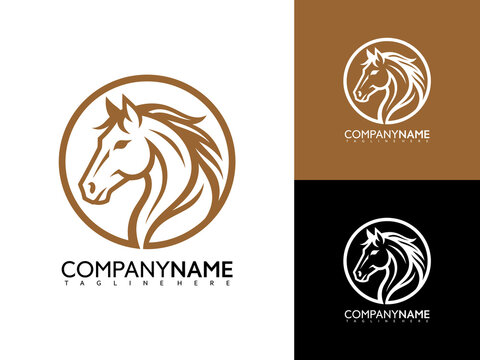 A logo design featuring a horse head in a circle with company name text on a brown, black, and white background.