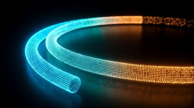 Two parallel glowing tubes of blue and orange data particles curve elegantly across a dark background, illustrating digital information flow.