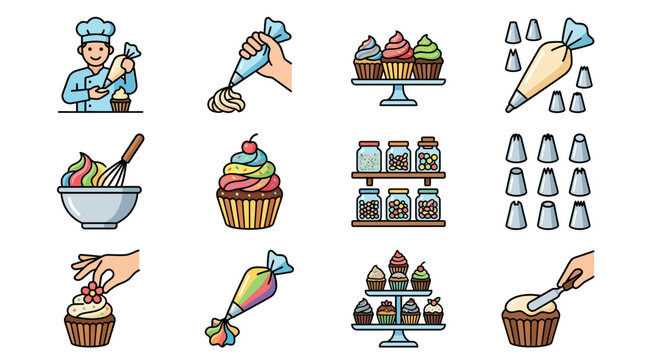 Collection of cartoon illustrations depicting the process of baking and decorating cupcakes, including ingredients and tools.