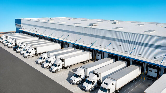 Aerial view of cargo trucks parked at commercial warehouse loading docks