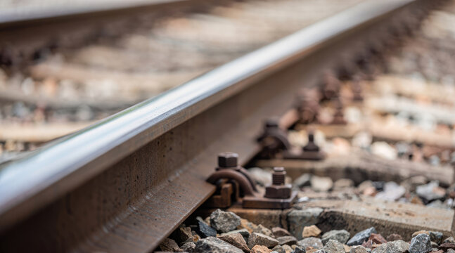 Close up of steel railroad tracks on gravel ballast for train travel