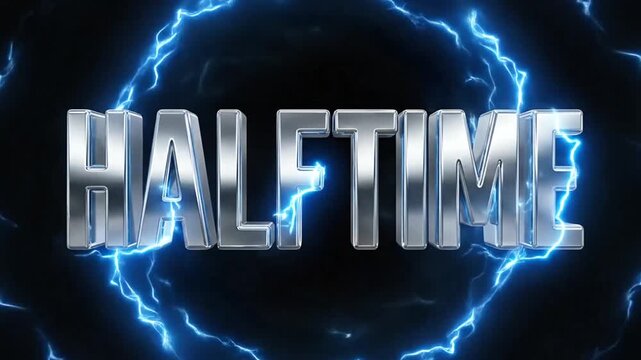 Dynamic lightning effects with the word halftime displayed in electric blue and silver metallic text for a high-energy visual