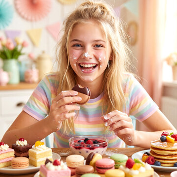 Blonde Girl Laughs Delightfully with Powdered Sugar on Her Face, Eating a Chocolate Macaron Amidst an Array of Colorful Sweets and Treats