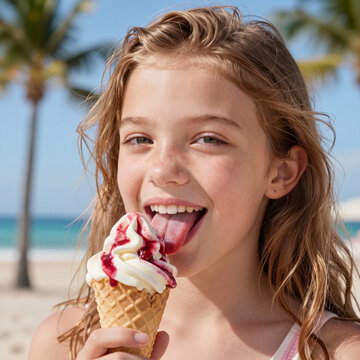 A Delightful Young Girl Joyfully Licking a Sweet Soft Serve Ice Cream Cone on a Sunny Beach Day