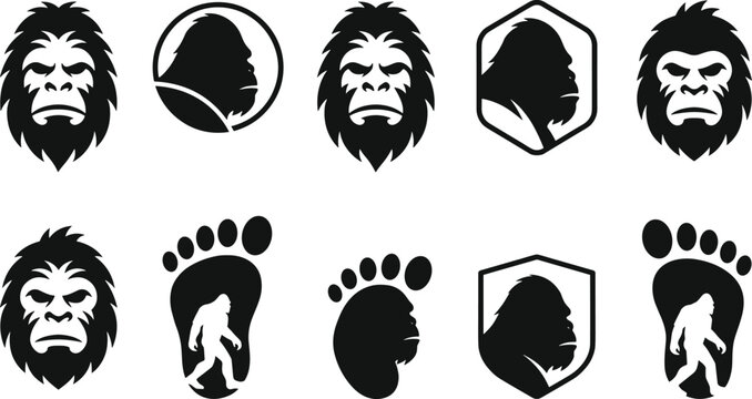 Bigfoot Sasquatch Emblem Silhouette Vector Set with Ferocious Heads, Large Footprints, Circular Crests, and Shield Badges for Mountain Adventure Gaming Logos