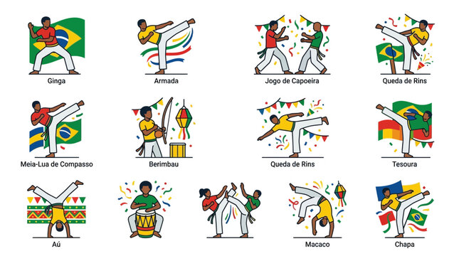 Set of colorful illustrations depicting various capoeira martial arts moves and traditional Brazilian cultural elements.