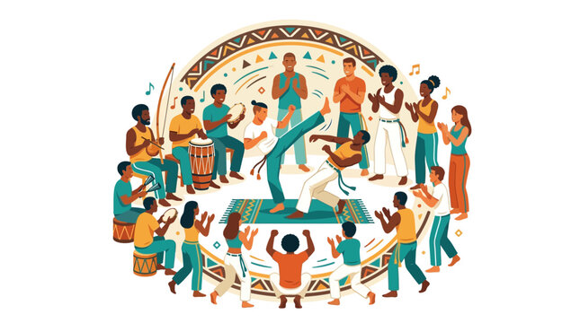 Group of people performing capoeira in a circle with traditional music and rhythmic clapping.