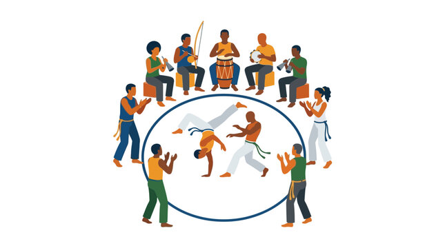 Group of people performing capoeira martial arts in a circle with traditional music instruments.