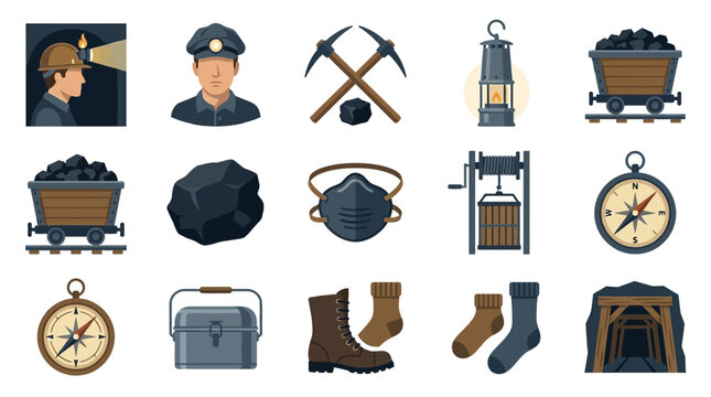 Set of flat vector icons related to coal mining industry and equipment.