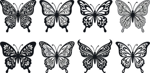 Fototapeta premium Elegant Butterfly Silhouette Vector Set with Ornate Filigree Patterns, Swirls, and Laser Cut Lace Wing Details for Wedding Crafting and Luxury Branding