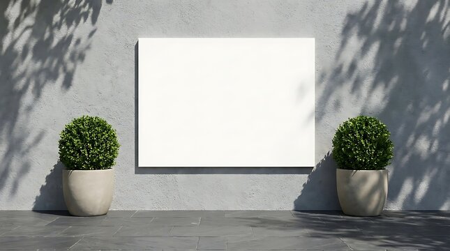 Blank rectangular frame mockup on a gray concrete wall with two round boxwood topiaries in stone pots, outdoor patio, soft leaf shadow patterns
