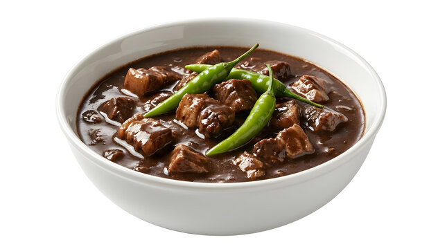 Dinuguan traditional Filipino savory pork blood stew mixed with tender meat chunks and topped with whole green chilies served in a white bowl isolated on a white background