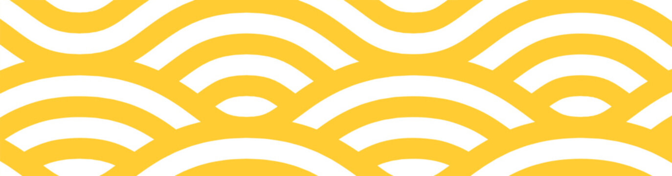Yellow Wavy Ramen Noodles. Abstract Seamless Pattern Background. Italian Pasta Shapes Flow in Dynamic Curves for Asian Restaurant Menu and Food Packaging Design.