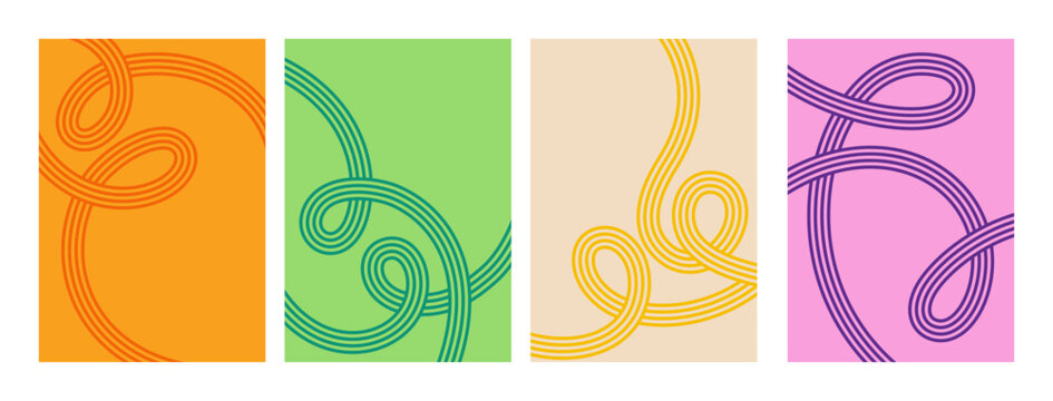 Abstract Wave Line Color Backgrounds. Vector Swirl Line Geometric Summer Pattern. Doodle Shape Dynamic Ribbons. Minimalist Colour Posters.