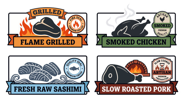 Set of vector food labels featuring grilled meat smoked chicken fresh sashimi and roasted pork.