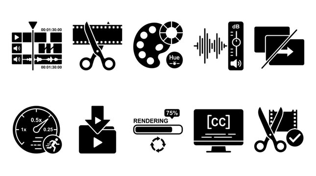Set of video editing and post-production vector icons.