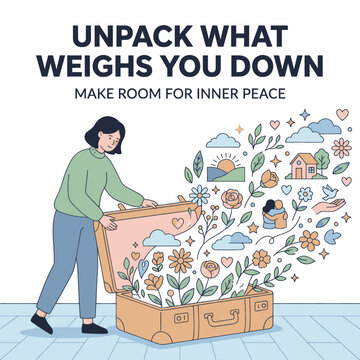 Woman unpacking emotional baggage to find inner peace and clarity.