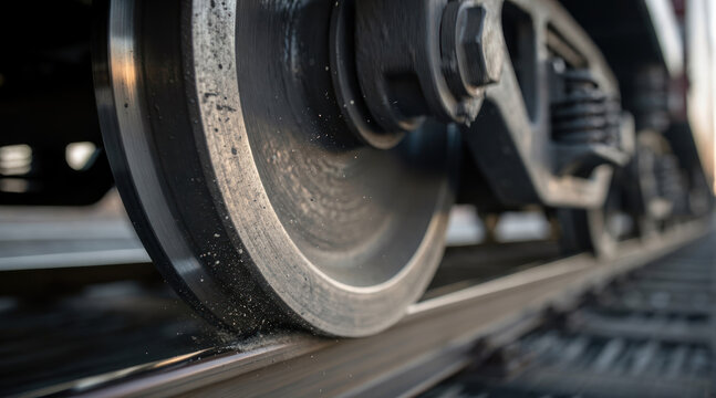 Close-up of a moving train wheel rolling on steel tracks at sunset