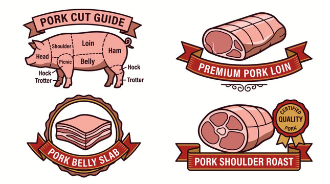 Set of vintage pork meat cuts guide and butcher shop labels.