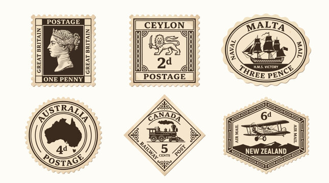 Set of vintage postage stamps from various countries.