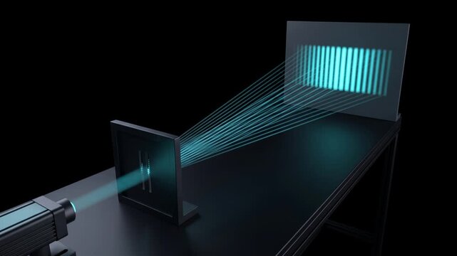 二重スリット実験における光の波面から干渉縞への変化を描く高精細CG映像