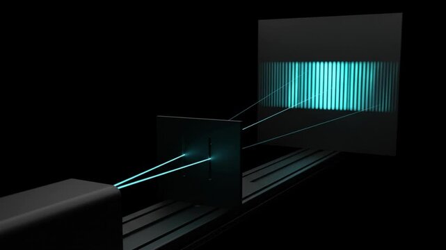 二重スリット実験における粒子から波への変化と干渉縞形成の高精細CG映像
