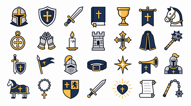 Medieval knight icons and heraldic symbols collection.