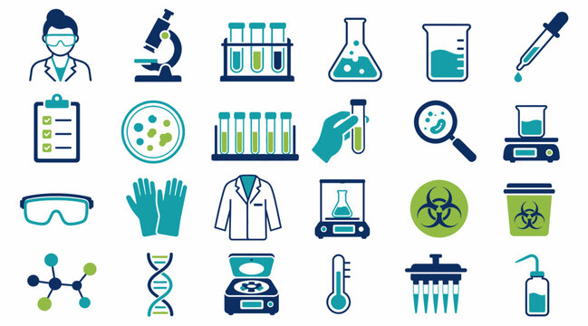 Colorful Laboratory Science and Medical Research Icons Set.