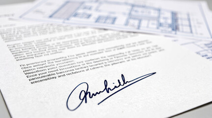 Fototapeta premium Close-up of a signed document with a handwritten blue signature and blurred blueprints