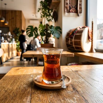Tulip tea glass on cafe table with blurred Turkish instruments