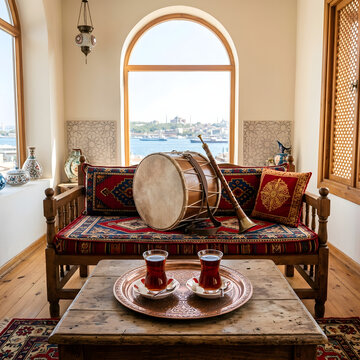 Turkish tea tray with Davul drum and Zurna in bright room