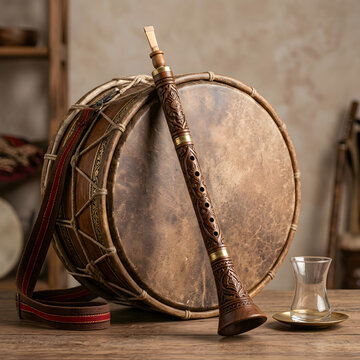 Zurna flute and Davul drum with empty tea glass in studio for food marketing, culinary blog, and restaurant menu