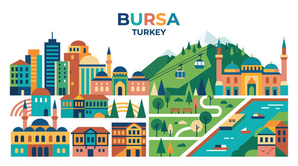 Fototapeta premium Colorful illustrated panorama of Bursa Turkey highlighting urban landscape with mountains parks and historical landmarks for
