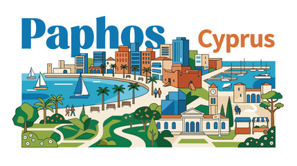 Fototapeta premium Vibrant illustrated scene of Paphos Cyprus highlighting historic architecture and scenic coastal landscapes with lively marina