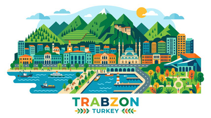 Fototapeta premium Colorful Illustration of Trabzon Cityscape in Turkey with Hills and Waterfront