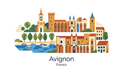 Obraz premium Colorful illustrated depiction of Avignon France showcasing iconic medieval architecture and scenic landscape design