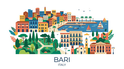 Fototapeta premium Colorful depiction of Bari Italy showcasing historic architecture vibrant neighborhoods and scenic waterfront with lush greenery