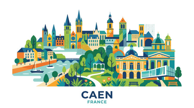 Vibrant stylized illustration of Caen featuring historic architecture, lush greenery, waterways, and cultural landmarks