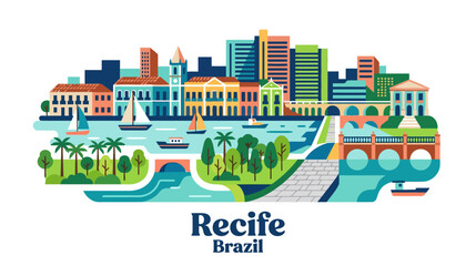 Fototapeta premium Colorful illustration showcasing the vibrant cityscape of Recife Brazil featuring modern and historic architecture alongside